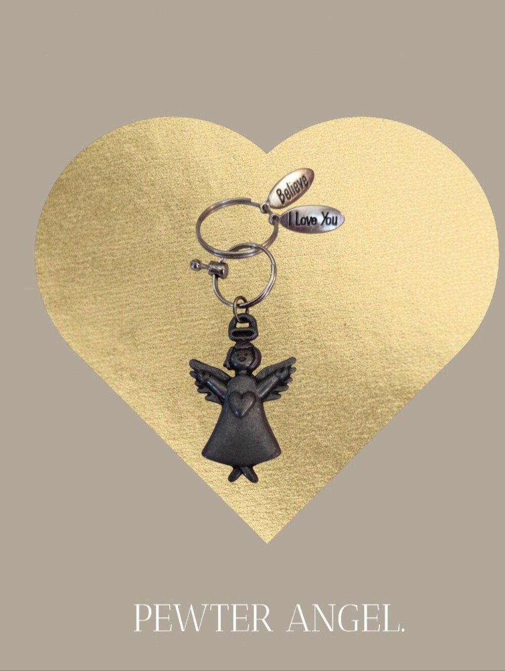 Pewter Angel Keychains + Believe & I Love You Real Silver Charms Gift Bag Pink